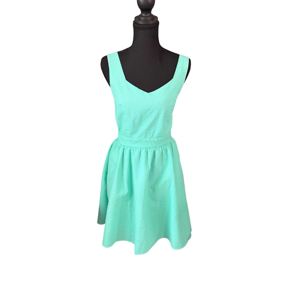 Lauren James Mint Green Seersucker Bow Back Fit Flare Dress Womens Medium V-Neck